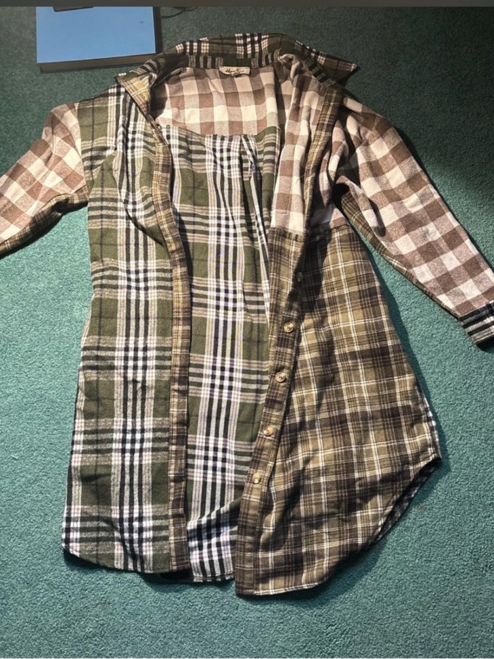 Plaid Mixed-Pattern Button-Front Hoodie Shirt - Olive & Tan